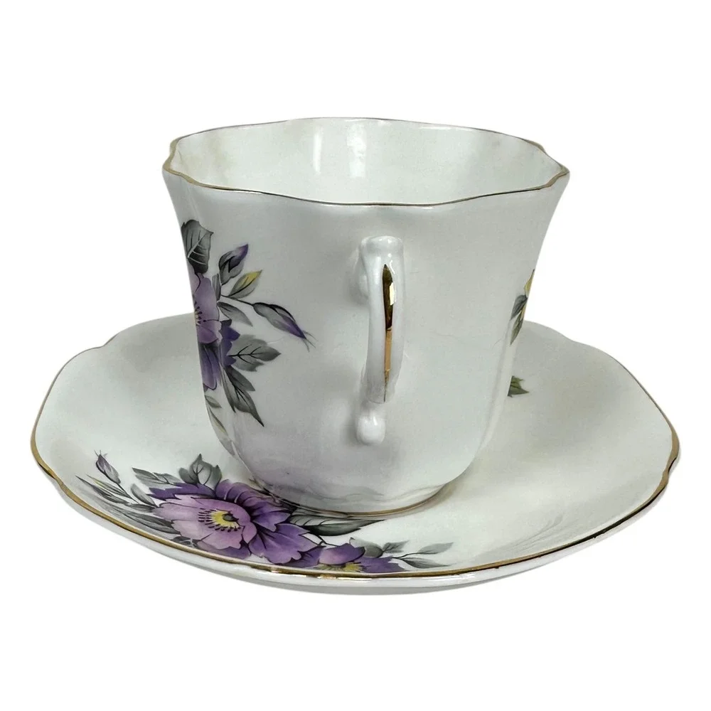 VTG Royal Grafton Tea Cup Saucer Purple Floral Scalloped Bone China England Gold